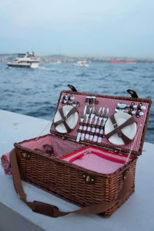 Handmade Wicker Picnic Basket Set for 6 People with Red Gingham Pattern, Wood, Insulated Compartment, Includes Cutlery, Plates, Glasses, and Water-Resistant Blanket - White and Red