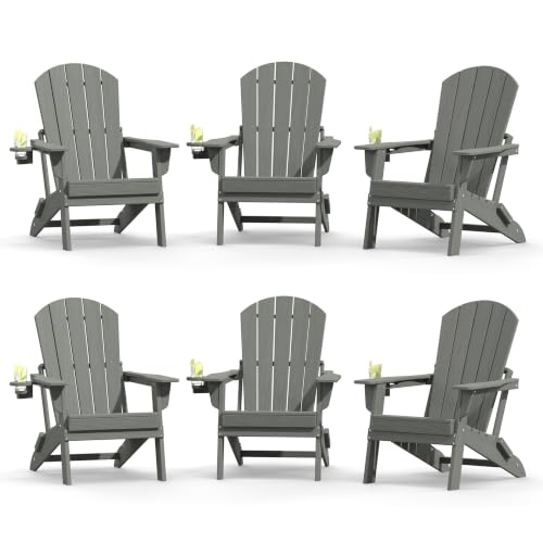 Plawdlik Folding Adirondack Chair Set of 6 with Cup Holder，Wooden Textured ，Heavy All-Weather HDPE Comfortable Set Poolside Backyard Lawn, Gray