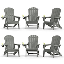 Plawdlik Folding Adirondack Chair Set of 6 with Cup Holder，Wooden Textured ，Heavy All-Weather HDPE Comfortable Set Poolside Backyard Lawn, Gray