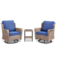 Hassyee 3 Pieces Wicker Bistro Set with Swivel Chairs and Square Two Tier Coffee Table for Lawn, Backyard, Outdoor Furniture Set with Tempered Glass Tabletop and Thick Cushions for Balcony