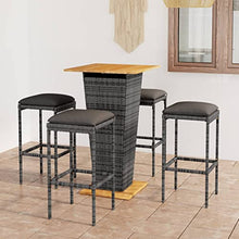 fsahslih 5 Piece Patio Bar Set with Cushions Gray Poly Rattan Outdoor Furniture with Acacia Wood Tabletop and 4 Wicker Bar Stools for Garden Deck Poolside Porch