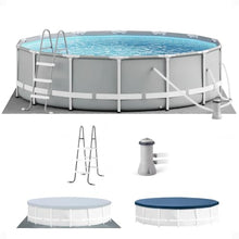 14ft x 42in Round Metal Frame Above Ground Swimming Pool with Pump, Gray