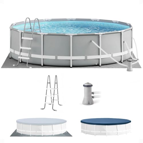 14ft x 42in Round Metal Frame Above Ground Swimming Pool with Pump, Gray