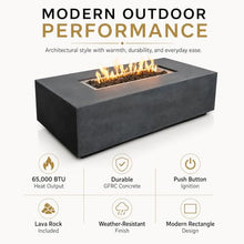 Golden Flame 55" Rectangle Beton Concrete Gas Fire Pit Bundle with Stainless Steel Burner Cover & Glass Wind Guard, 65,000 BTU Outdoor Fire Table, Push Button Ignition, Lava Rock Included - Graphite