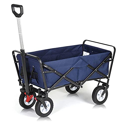 Folding Trolley Outdoor Multi-Function Wagon, Canvas Fabric, Adjustable Handle and 8in Rubber Wheels, Heavy-Duty Garden Transporter for Camping, Groceries, Shopping