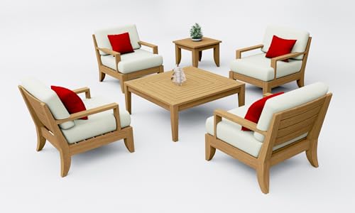 WholesaleTeakFurniture Atnas 6 Piece Teak Wood Lounge Chair Set: 4 Lounge Chairs, Square Coffee Table & Side Table with Cushions in Outdoor Sunbrella Fabric #5404 Canvas Natural