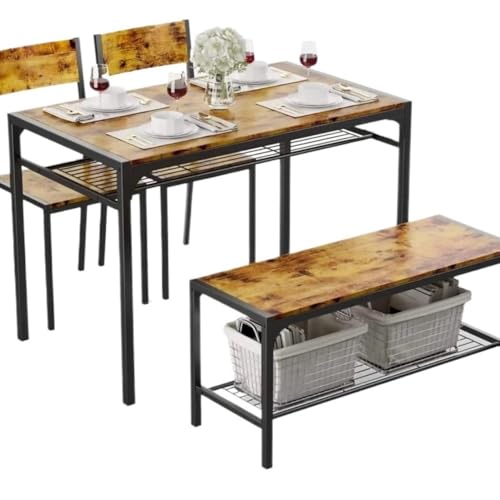 FURUIM2024M Dining Table Kitchen Table 2 Chairs for 4 Bench 4 Piece Dining Table Set for Small Space Apartment Table and Chairs Dining(Rustic Brown)