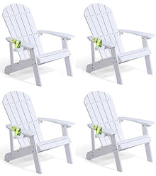 hOmeQomi Adirondack Chairs Set of 4 All Weather Resistant Plastic Outdoor Chairs with Cup Holder White