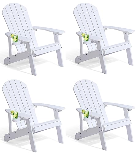 hOmeQomi Adirondack Chairs Set of 4 All Weather Resistant Plastic Outdoor Chairs with Cup Holder White