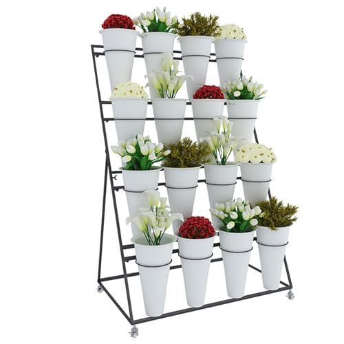 Flower Display stand s with Flower Buckets, Movable Plant Cart Shelf Cut Flowers Container Shelf, Metal Mobile Florist Bouquet stand for Flower Shop, Wrought Ir（Black Frame White Bucket-100×65×150cm）
