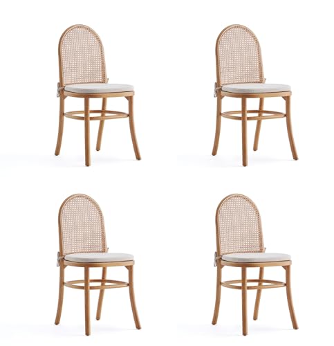 Manhattan Comfort Paragon Modern Cane Accent Dining Chairs, Natural Rattan Back & Seat, American Ash Wood Frame, Fully Assembled Kitchen Furniture, Set of 4, Cream Cushions