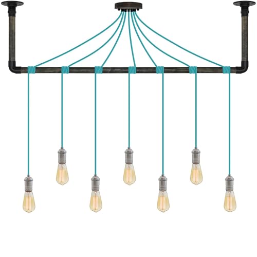 Turquoise and Nickel Pendant Light Wrapped Ebony Black Wood and Black Ceiling Bracket - Hangout Lighting