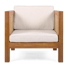 Christopher Knight Home Outdoor Club Chairs Set of 2, Acacia Wood Patio Chairs with Wicker Armrests and Beige Cushions, 400 lbs Capacity, Modern Lounge Seating for Patio, Deck, Garden, Poolside