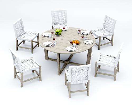 WholesaleTeak 6 Seats 7 Pcs Grade-A Weathered Teak Wood Dining Set: 60" SEMA Round Table and 6 Alsoi Armless Chairs #11AI3500