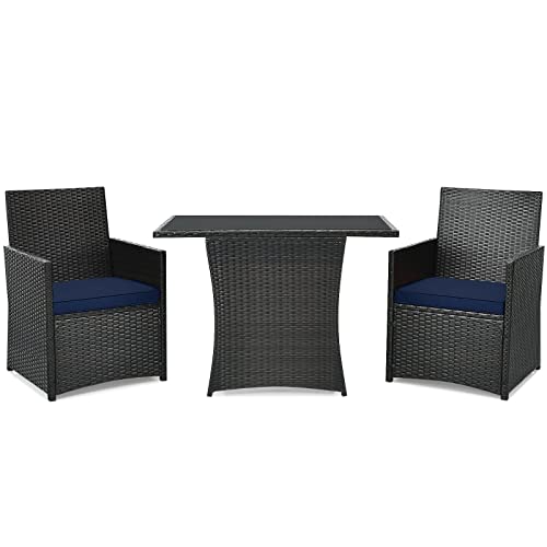 DUYHBAWRS 3PCS Patio Rattan Furniture Set Cushion Sofa Armrest Garden Deck Navy Mixed Brown