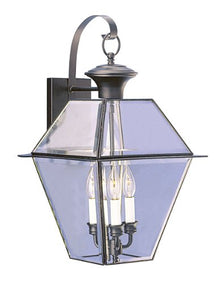 Livex Lighting 2381-04 Westover 3 Light Outdoor Black Finish Solid Brass Wall Lantern with Clear Beveled Glass, 12" x 20" x 13"