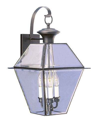 Livex Lighting 2381-04 Westover 3 Light Outdoor Black Finish Solid Brass Wall Lantern with Clear Beveled Glass, 12" x 20" x 13"
