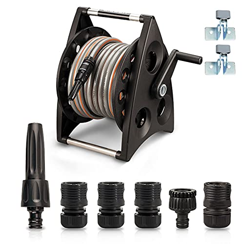 Professional Garden Hose Reel,Free Standing or Wall Mounted 1/2" Hose 30metre 65 Feet, Accessory Kit with Nozzle & 3/4" Inch Tap Fitting (Black 30m hose reel set)