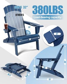 HGTRH Folding Adirondack Chair Set of 4, HDPS Weather Resistant Outdoor Patio Chair for Balcony Garden, 350lbs Heavy Duty, Wood Grain Texture, Fire Pit Seating Navy Blue