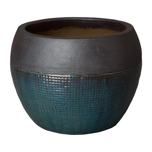 Emissary Home and Garden 22in. L x 17.5in. H Matte Black/Teal Stoneware Round Planter with High-fire Treatment (Set of 1)