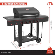 Megamaster Cart 5 Burner Gas Grill, Side Tables with Accessory Hooks, Black