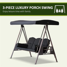 EPOFIT 3 Seat Outdoor Patio Swing, Outdoor Swing with Canopy, Porch Swing with Stand, Removable Cushion, Pillows and Cup Holder for Porch, Patio, Garden, Poolside, Black