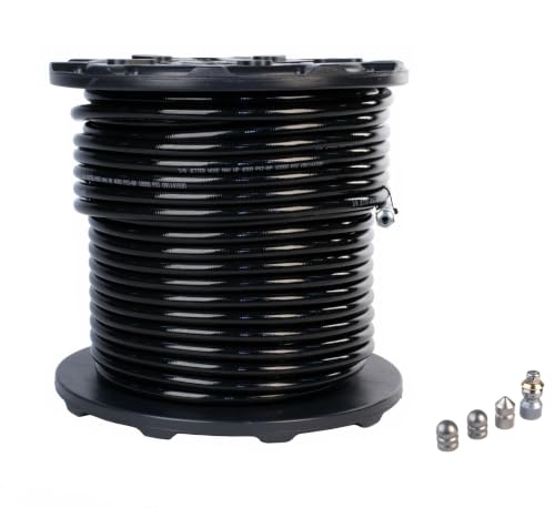 Sewer Jetter Hose & 4 Nozzles 3/8in.x 300ft. 4400 PSI & 9.0 Orifice Stainless Steel DLX Thruster Flusher Degreaser Spinner