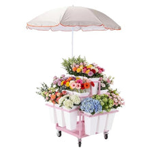 Rolling Flower Stand with 18 Buckets Flower Cart Display Rack with Wheels and Umbrella for Patio Garden Shop Wedding Party