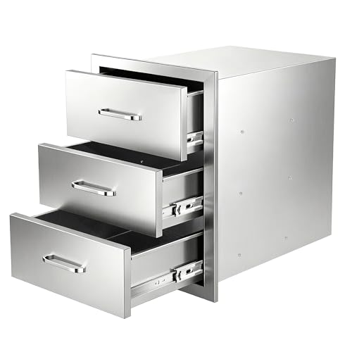Premium 201 Stainless Steel Outdoor Kitchen Triple Drawer Cabinet with Paper Towel Holder.18Wx23Hx23D with Handle.Weather-Resistant, Full-Extension Drawers for BBQ Islands, Patios & More
