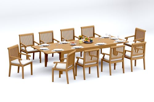 TeakStation 10 Seater Grade-A Teak Wood 11 Pc Dining Set: 122" Caranas Double Extension Rectangle Table and 10 Sack Arm Chairs #31SK2910