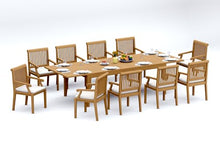 TeakStation 10 Seater Grade-A Teak Wood 11 Pc Dining Set: 122" Caranas Double Extension Rectangle Table and 10 Sack Arm Chairs #31SK2910