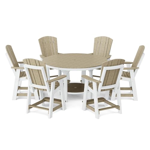 Wildridge Heritage 7-Piece 60" Pub Counter Set, Weathered Wood and White - Outdoor Weather Resistant Recycled Plastic Furniture for Patio