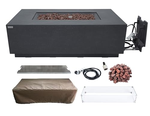 Elementi Andes Propane Gas Fire Pit Table Bundle - Cast Concrete with Concealed Pullout Tank Storage Drawer | Electronic Ignition | Canvas Cover, Lava Rock Included | Dark Gray