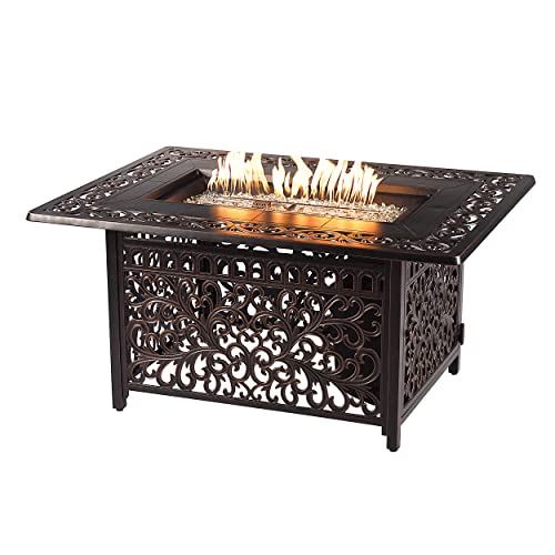 Oakland Living Rectangular 48 in. x 36 in. Aluminum Propane Black Fire Pit Table with Fire Beads, Lid, Propane Tank Cover and Table Fabric Covers, 57,0000 BTU in Copper Finish