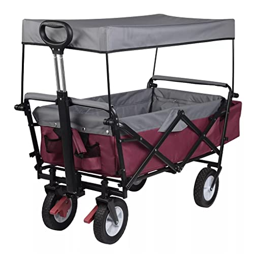WAFEOGK Folding Garden Trolley Cart with Roof Wheels Brake Transport Metal Steel for Sun Protection Camping