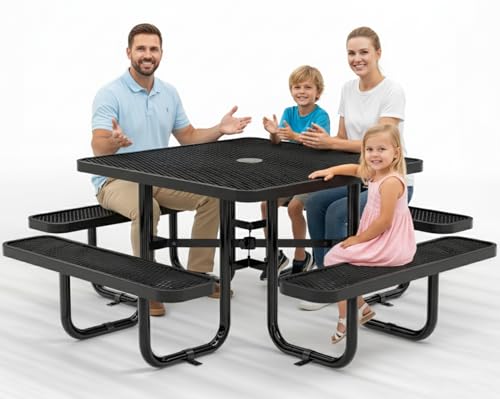 OUTTANS Commercial Metal Picnic Table (Black, 46in Square, Expanded Steel)