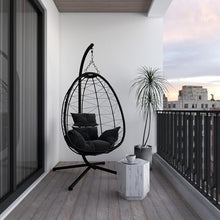 Ozarke Indoor Outdoor Swing Egg Floor Chair - Patio Rattan Wicker Hanging with Stand, Hammock for Bedroom, Porch, Balcony, Garden, Thickened Aluminum Alloy Steel Frame - 441lbs Weight Capacity (Black)