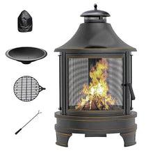Naturalpowev 2 in 1 Fire Pit for Outdoor, Wood Burning Fire Pit & Metal Chiminea Fireplaces with Spark Screen Doors & Grill Grate, for Outside Patio Garden Backyard Bonfire Party
