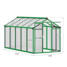 6x10 FT Greenhouse, Outdoor Sliding Door, Polycarbonate Greenhouse with Aluminum Frame, Lockable Door and Ajustable Roof Vent for Backyard, Outside Garden Backyard, Patio, Green