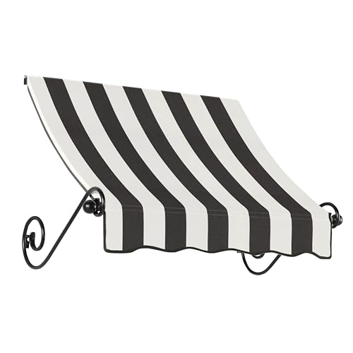 Awntech 3' Charleston (40.5"-24"-36") Sloped Fixed Awning with Scrolled Iron Arms, Black/White Stripe