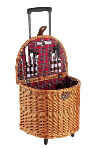 4-Person Wheeled Picnic Basket Set with Plaid Design, Handcrafted Wicker Picnic Basket with Wheels and Handle, Includes Plates, Glasses, Cutlery, and Napkins - Brown