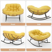 Easyego 2-Piece Oversized Papasan Rocking Chair with Ottoman for Indoor Outdoor Use, Comfortable Wicker Rocker for Deck, Balcony, Poolside, Lawn, Bedroom, Living Room, Light Yellow