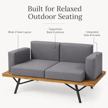 OYEFIT Acacia Wood Patio Loveseat with Gray Cushions and Metal Legs