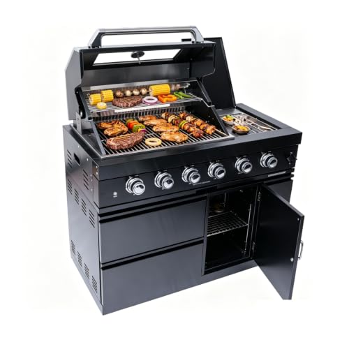 RGWYGCG 4-Burner Gas Grill with Side Burner, Heavy Duty Propane BBQ Grill with Storage Cabinet & Drawers, Stainless Steel Small Outdoor Kitchen Islands for Backyard