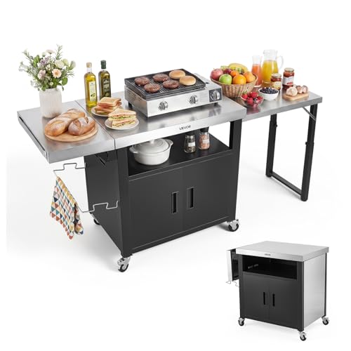 VEVOR Outdoor Grill Cart with Storage Cabinet, 74.8 Inch Grill Table, Waterproof Kitchen Island with Stainless Steel Top, Pull-Out Plate, Wheels, Movable Food Prep Station for Patio Bar Backyard BBQ