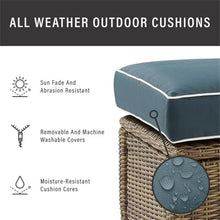 Pemberly Row 3-Piece Wicker Patio Sofa Set, Weathered Brown Resin Wicker, Navy Cushion Covers, Steel Frame, Tempered Glass Table, Outdoor Furniture for Patio or Garden, 121" x 55" x 32.5"