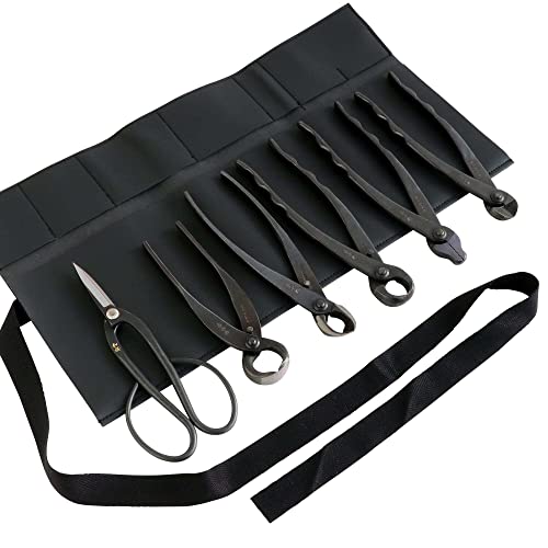Wazakura Made in Japan 6PCS Bonsai Professional Tool Kit with Roll Bag: Yasugi Steel Ashinaga Scissor, Concave Branch Cutter, Knob Cutter, Jin Plier, Wire Cutter, Root Cutter. Bonsai Tool Set & Case