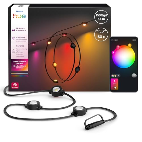 Philips Hue Festavia 150ft Permanent Outdoor String Lights, 80 Dimmable Lights, 55 Lumens Each, Weatherproof, Water-Resistant, Black Wire, Color Ambience, Bridge Required