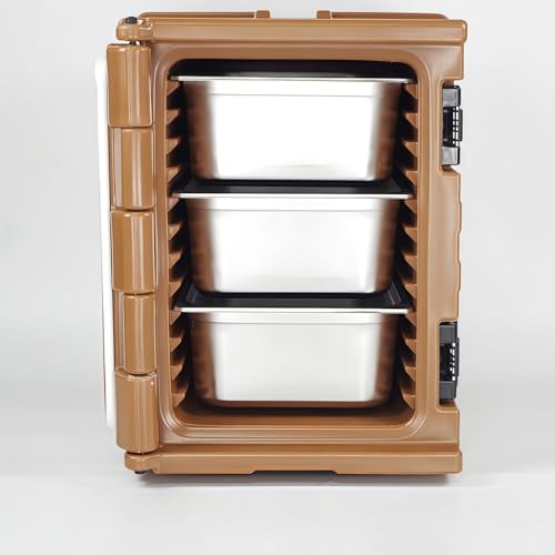 90L Insulated Food Pan Carrier, Wheeled Catering Hot Cold Storage Box, Commercial Grade Insulated Cooler for Restaurant Food Transport (Brown,Wheeled 3-Trays, 25.5" L*17.7" W*24.8" H)