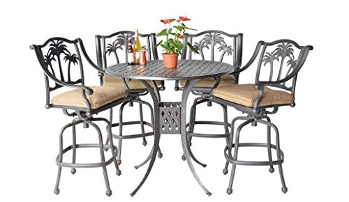 theWorldofpatio Palm Tree Cast Aluminum 5pc Bar Set with 48" Round Table Antique Bronze